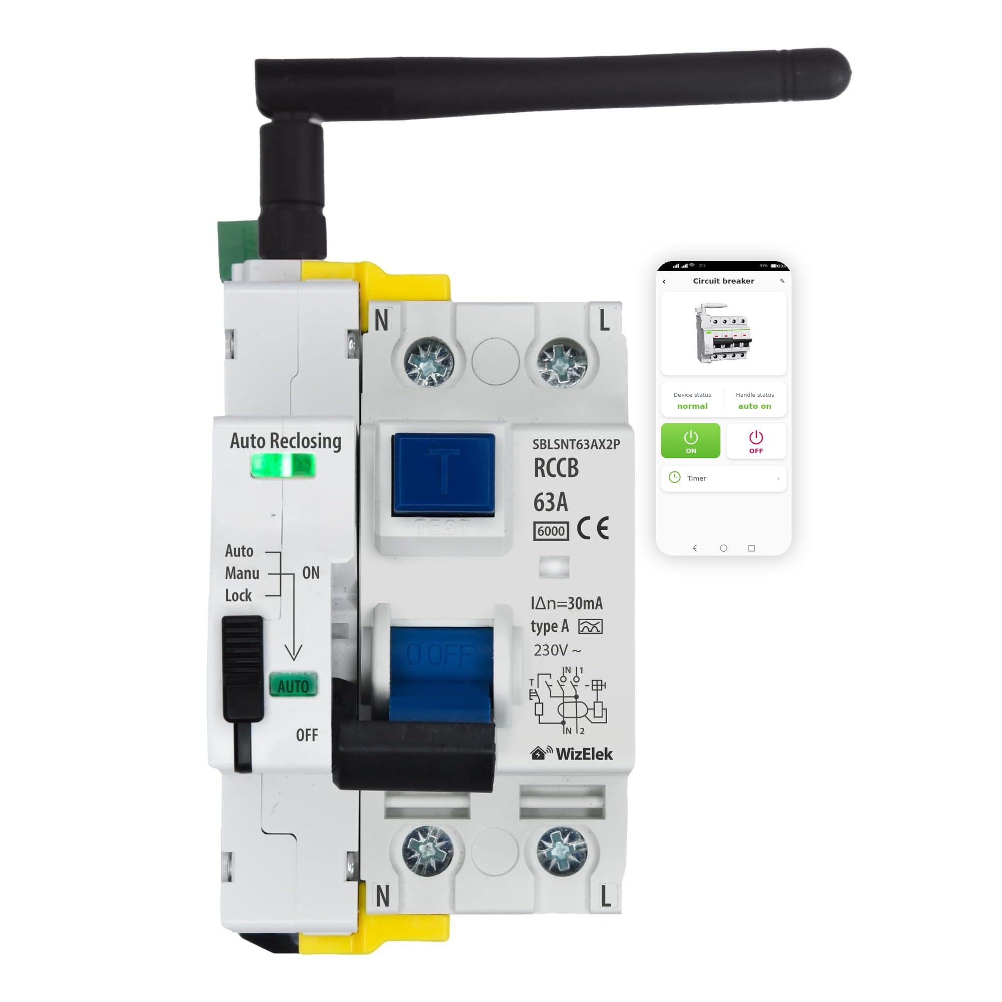 Connected RCCB 2P 63 A Wi-Fi — auto-reclosing