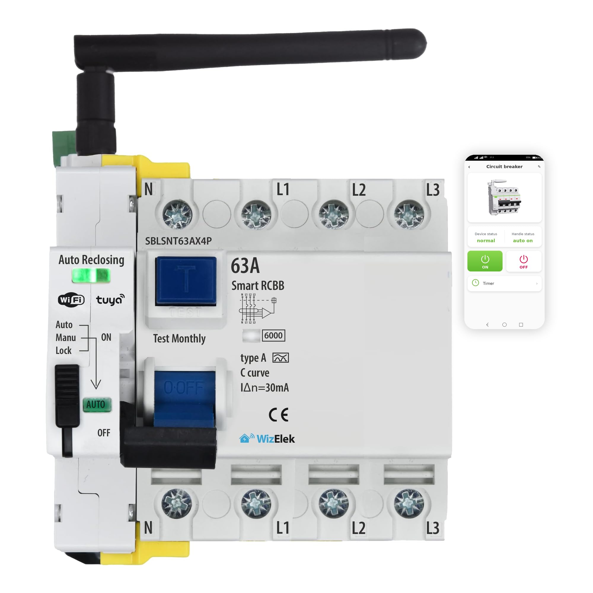 Connected RCCB 4P 63 A Wi-Fi — auto-reclosing