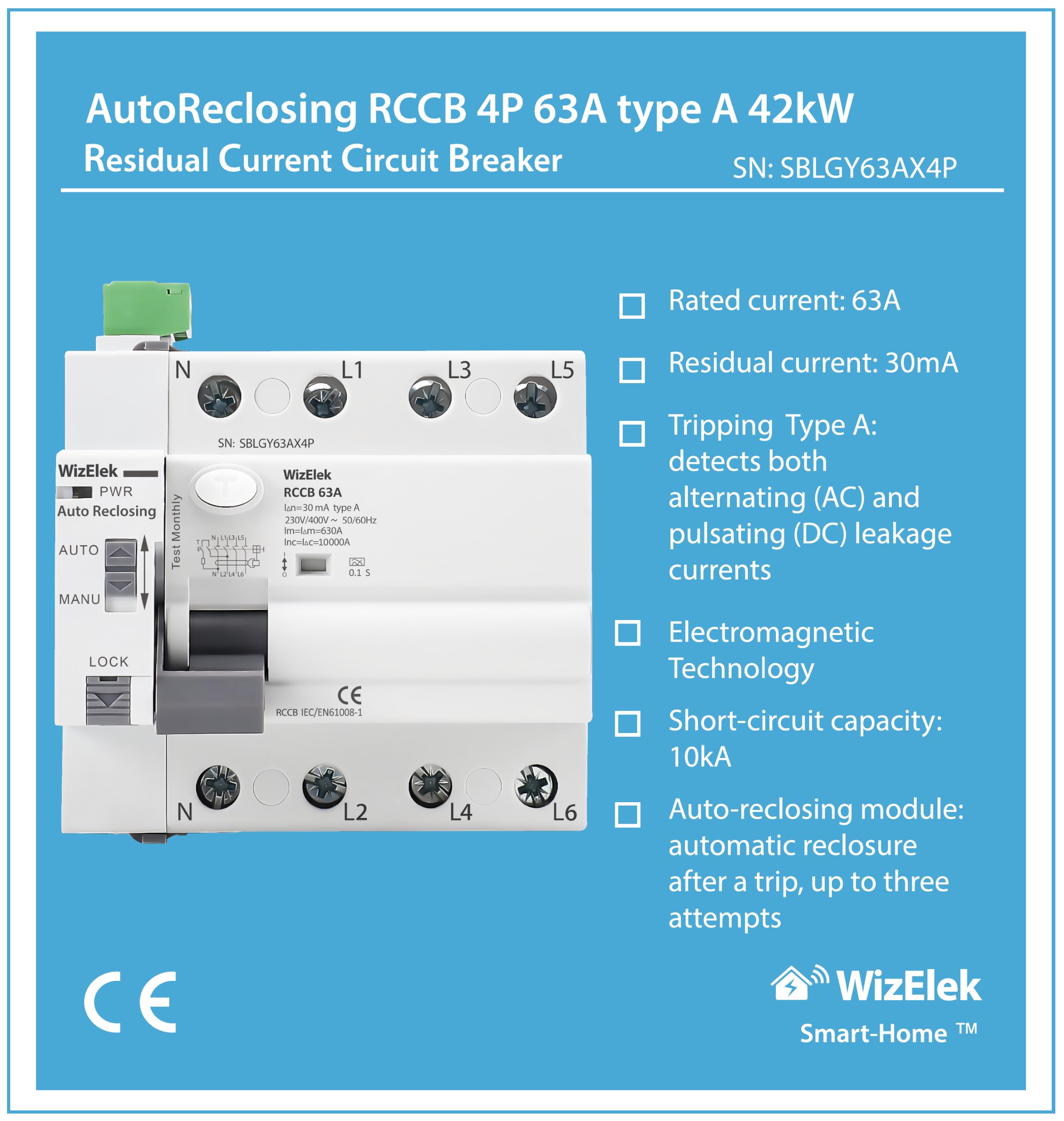 RCCB 4P 63 A 30 mA type A — auto-reclosing — photo 2