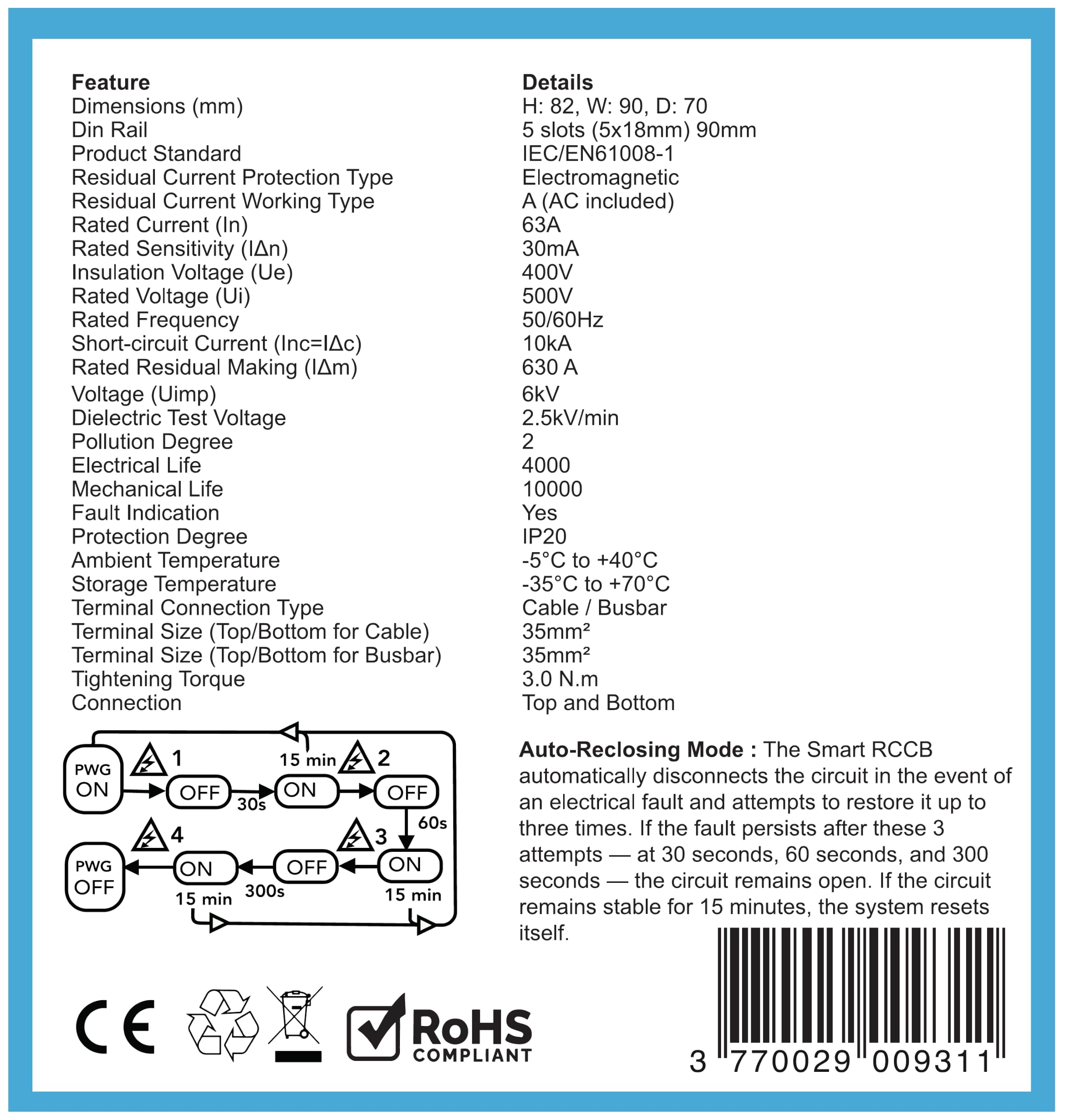 RCCB 4P 63 A 30 mA type A — auto-reclosing — photo 3