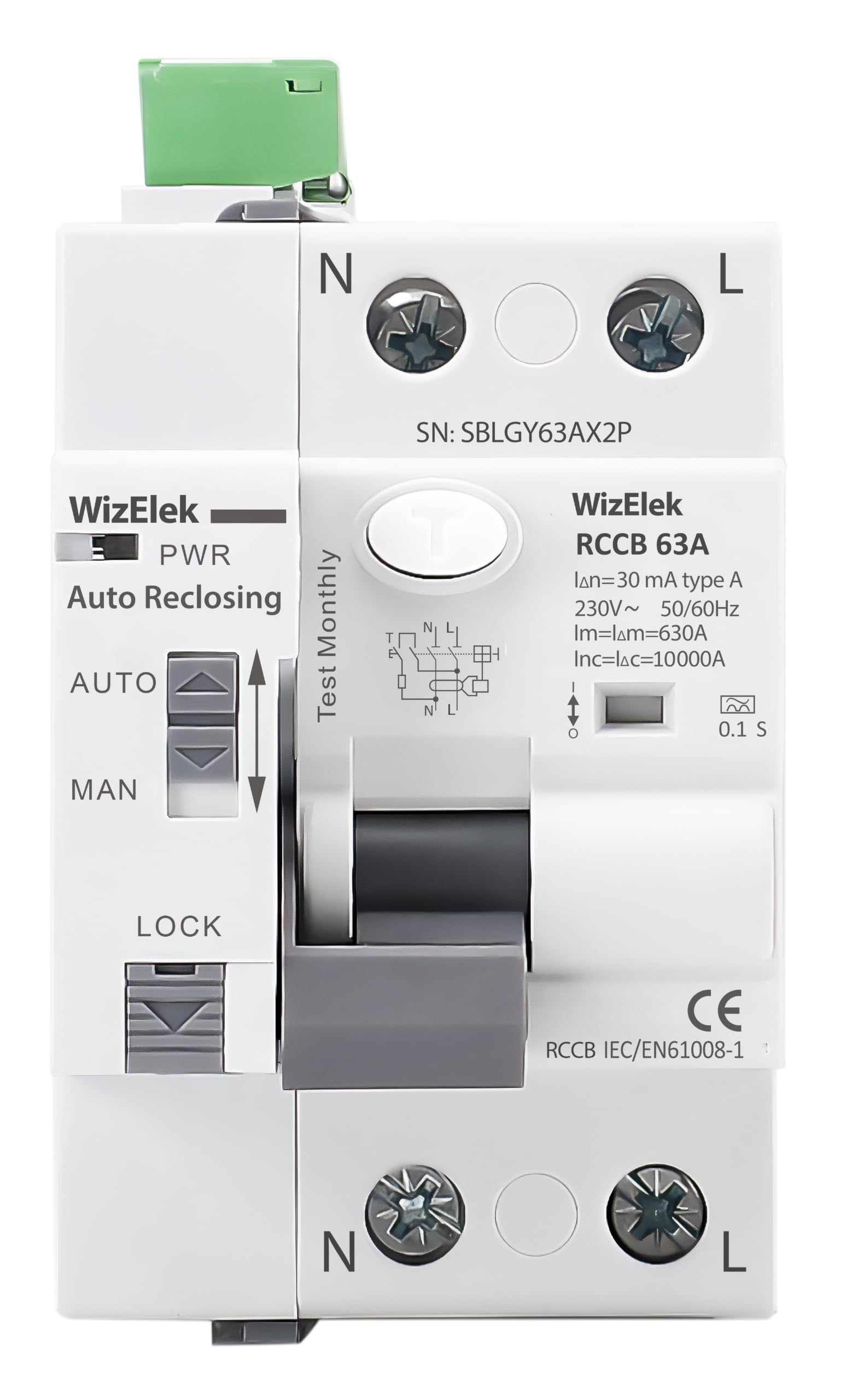 RCCB 2P 63 A 30 mA type A — auto-reclosing