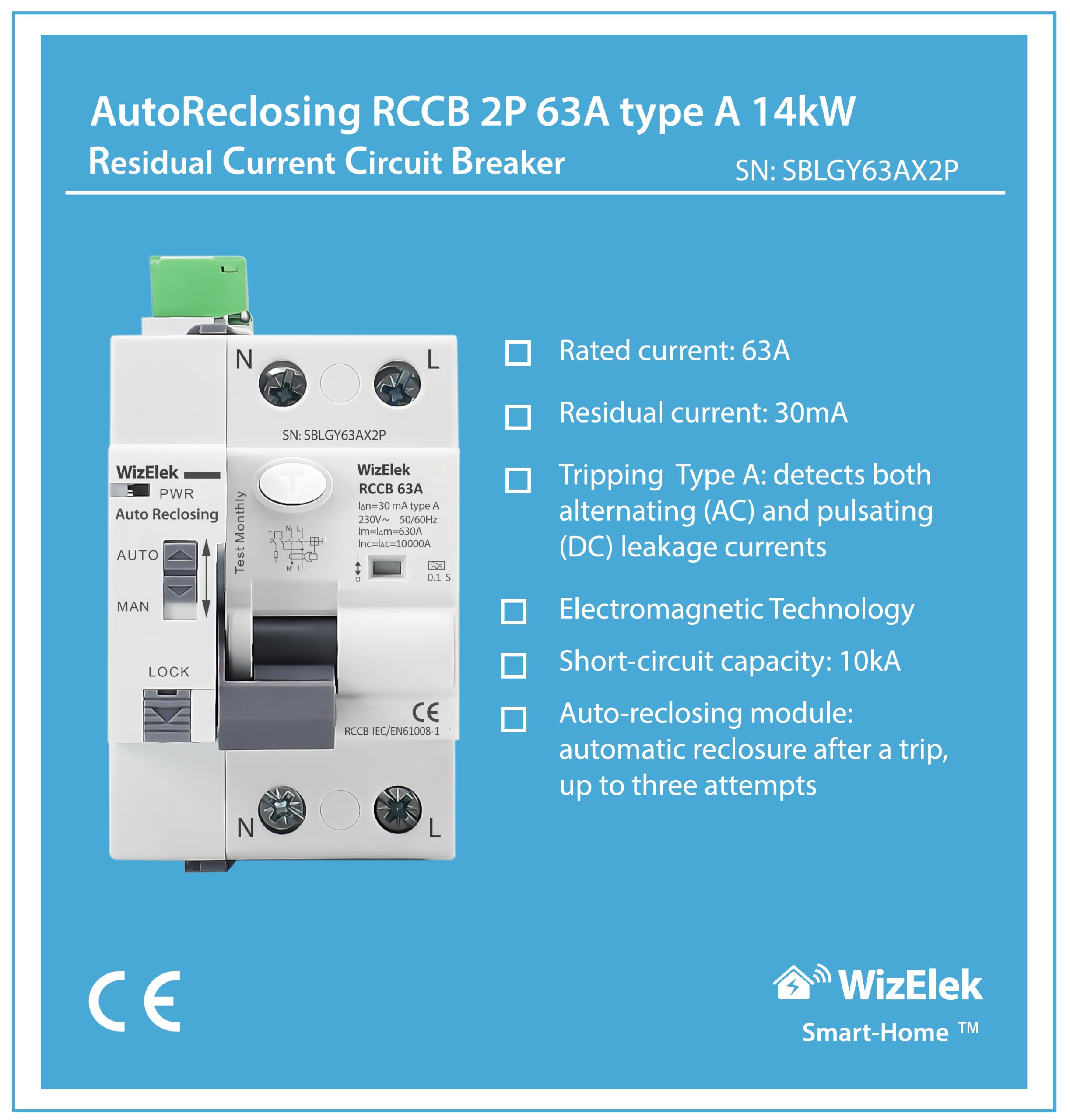 RCCB 2P 63 A 30 mA type A — auto-reclosing — photo 2